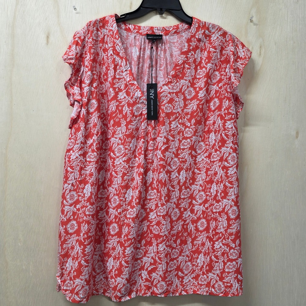 Jones New York JNY Womens 1X Orange Red Floral Flutter Sleeve V-Neck Rayon Top